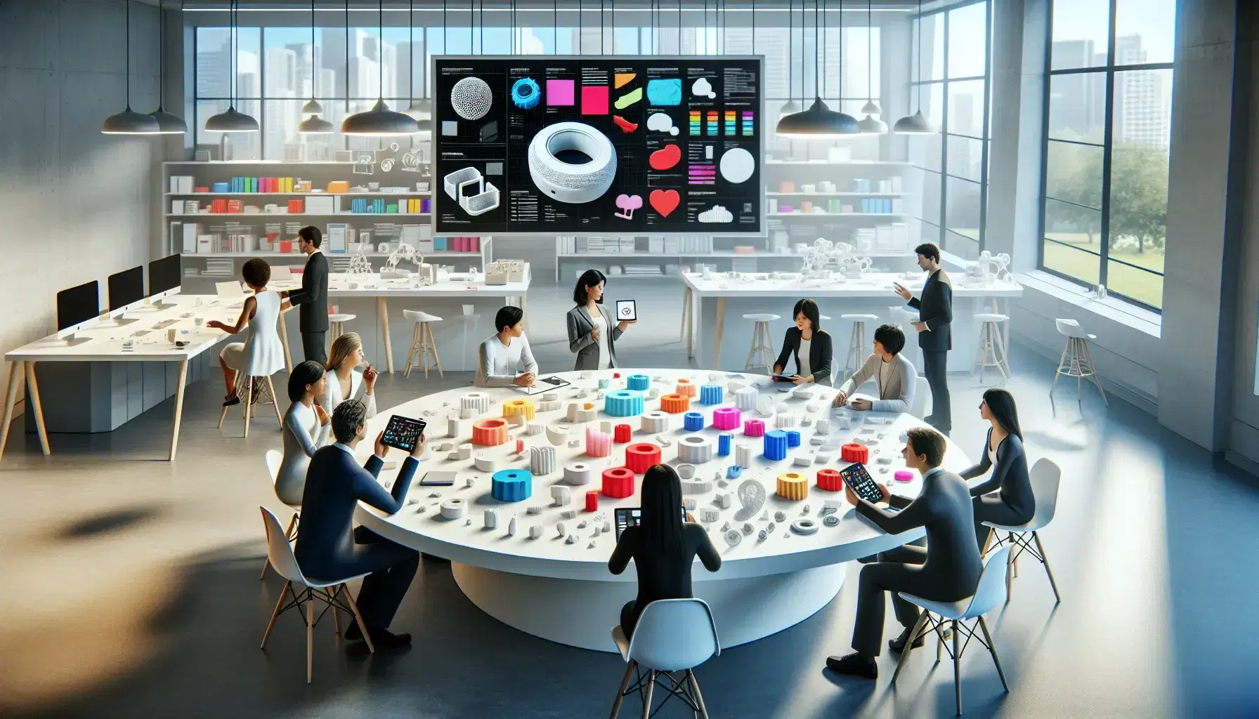 Diverse team collaborates around a white table with colorful prototypes, discussing designs in a bright, window-lit office with a city view.