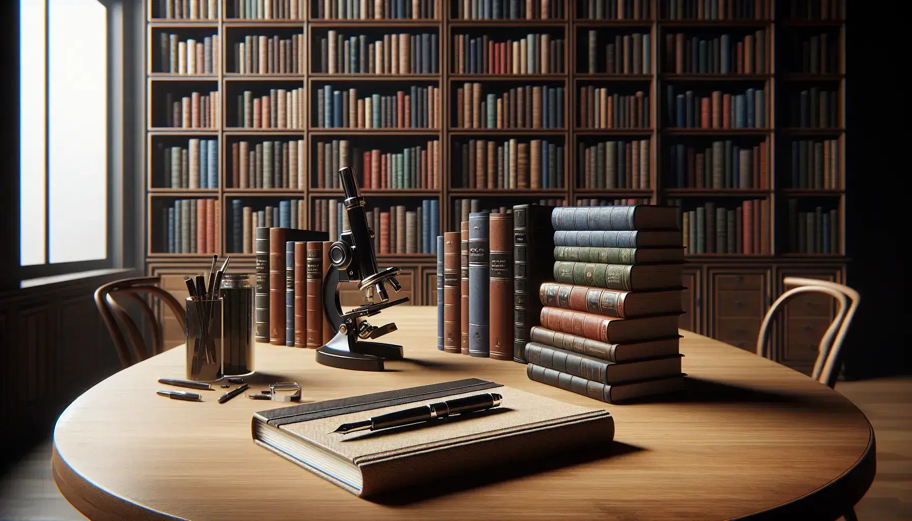Biblioteca con estantes de madera oscura llenos de libros, mesa con microscopio metálico, cuaderno y pluma estilográfica bajo luz natural.