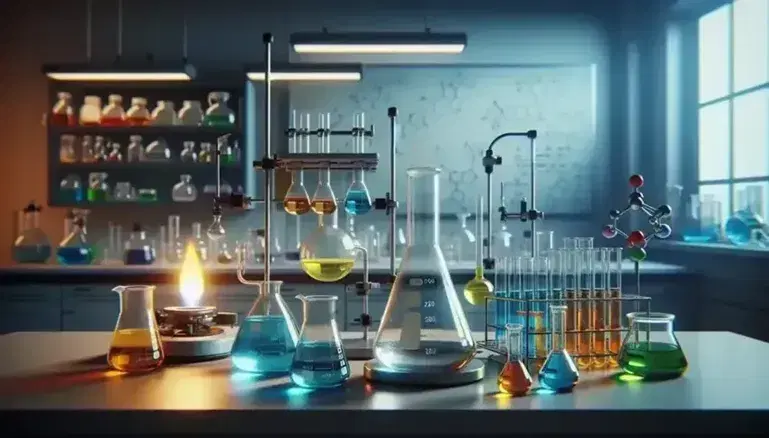 Laboratorio de química con mesa de trabajo, matraces Erlenmeyer con líquidos de colores, tubos de ensayo, mechero Bunsen y condensador de reflujo.