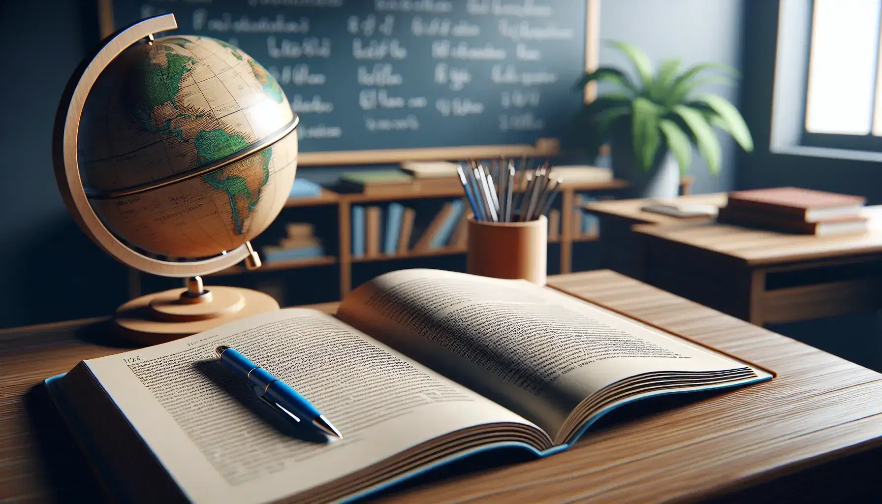 Classroom with French textbook on desk, blue pen, clean blackboard, world globe, and potted plant against a pastel yellow wall.