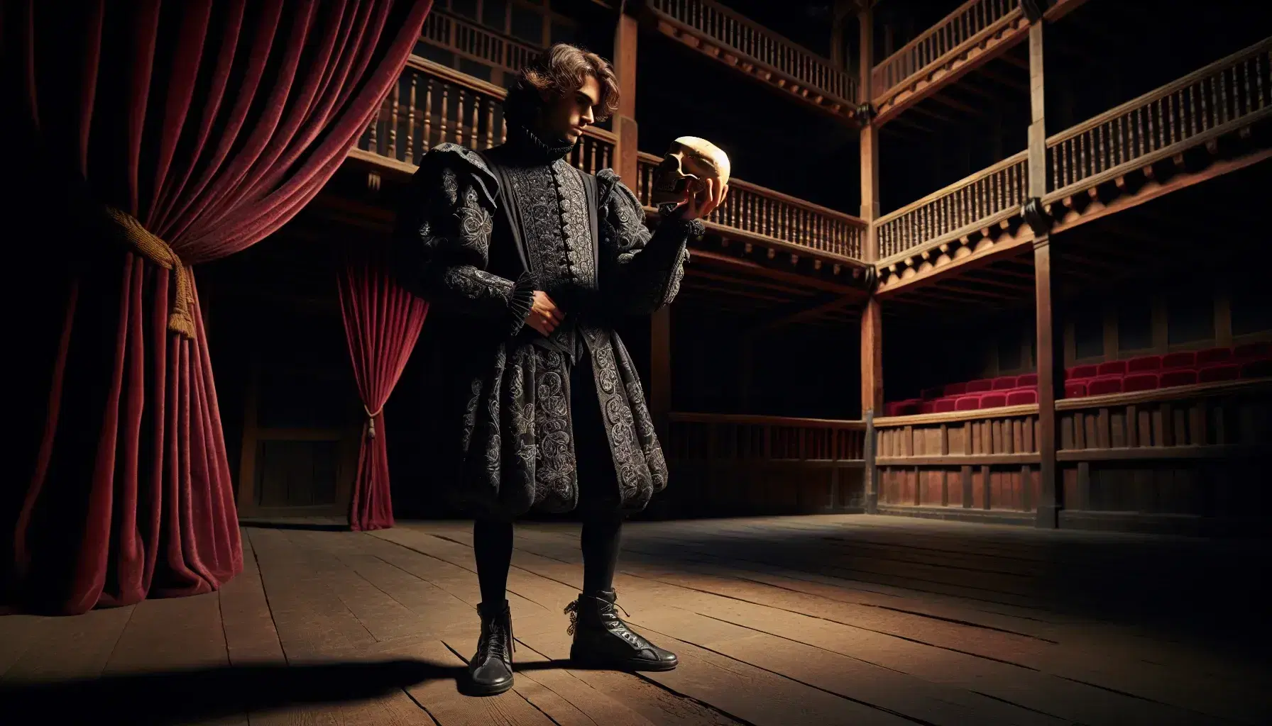 Young Middle-Eastern actor in Elizabethan costume holds skull on dimly lit Globe Theatre stage, with red velvet curtains and dark wooden planks.