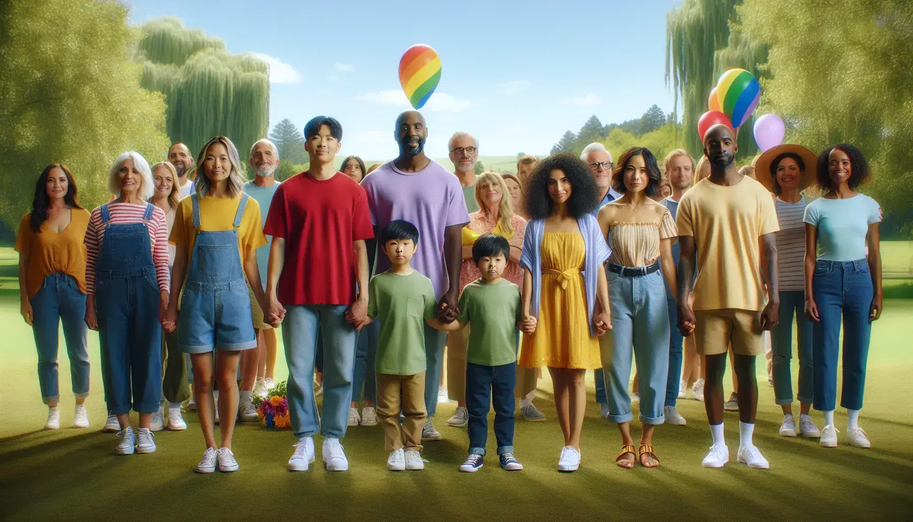 Diverse group of people in a park, Caucasian man in red t-shirt, Asian woman in yellow dress with baby and rainbow balloon, smiling African American senior.