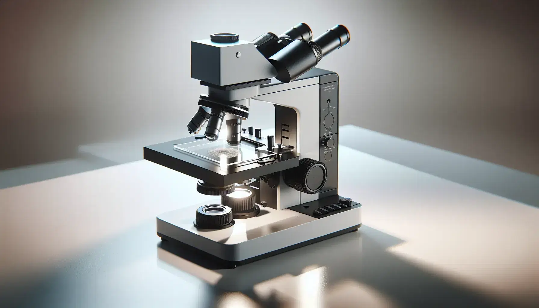 Microscopio óptico de diseño moderno en laboratorio con portaobjetivos y muestra en portaobjetos iluminada, sobre mesa clara.