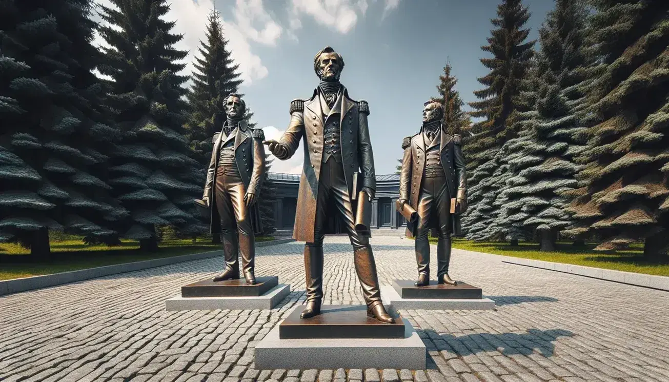 Estatuas de bronce a tamaño real de hombres en uniformes militares del siglo XIX, con un fondo de árboles perennes y cielo despejado.