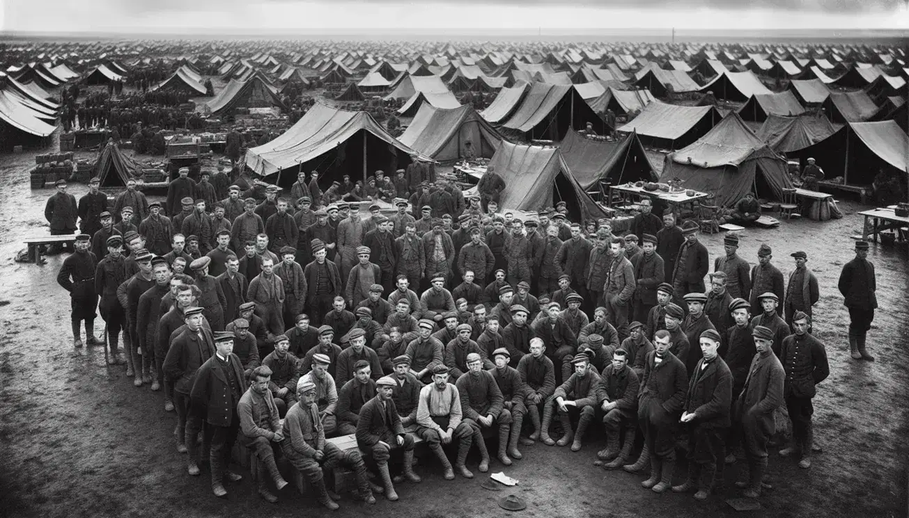 Early 1930s black and white photo of a veterans' encampment with makeshift tents, men in mixed attire, reflecting economic strife and social unrest.