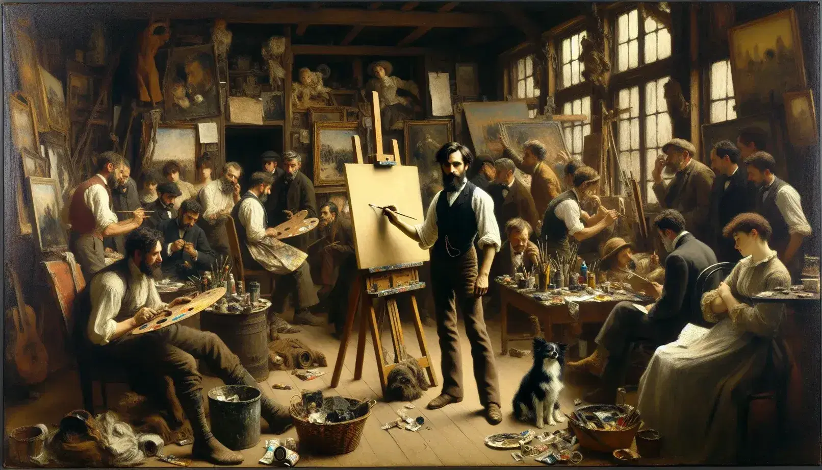 Studio dell'artista di Gustave Courbet con uomo al cavalletto, figure circostanti, oggetti d'arte e finestra illuminante.