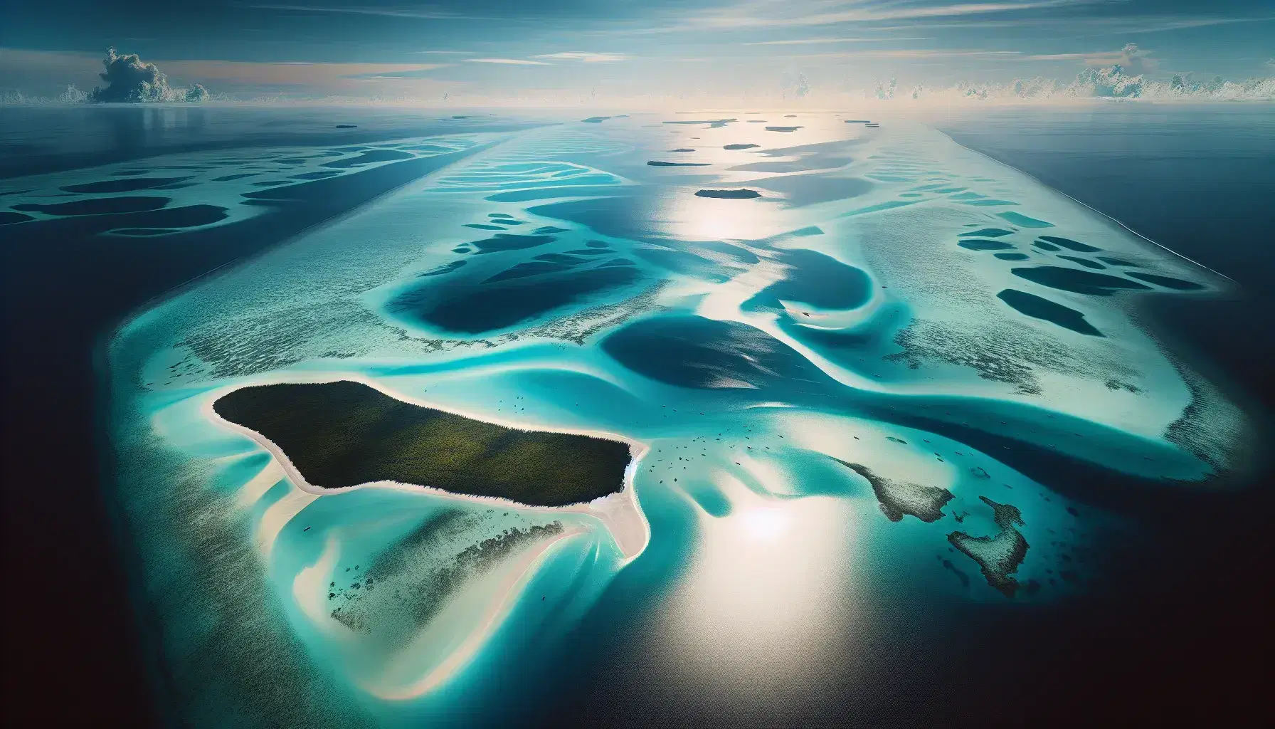 Vista aérea de una isla tropical con vegetación frondosa y playas de arena blanca rodeada por un océano en tonos azules y turquesas, reflejando la luz del sol.