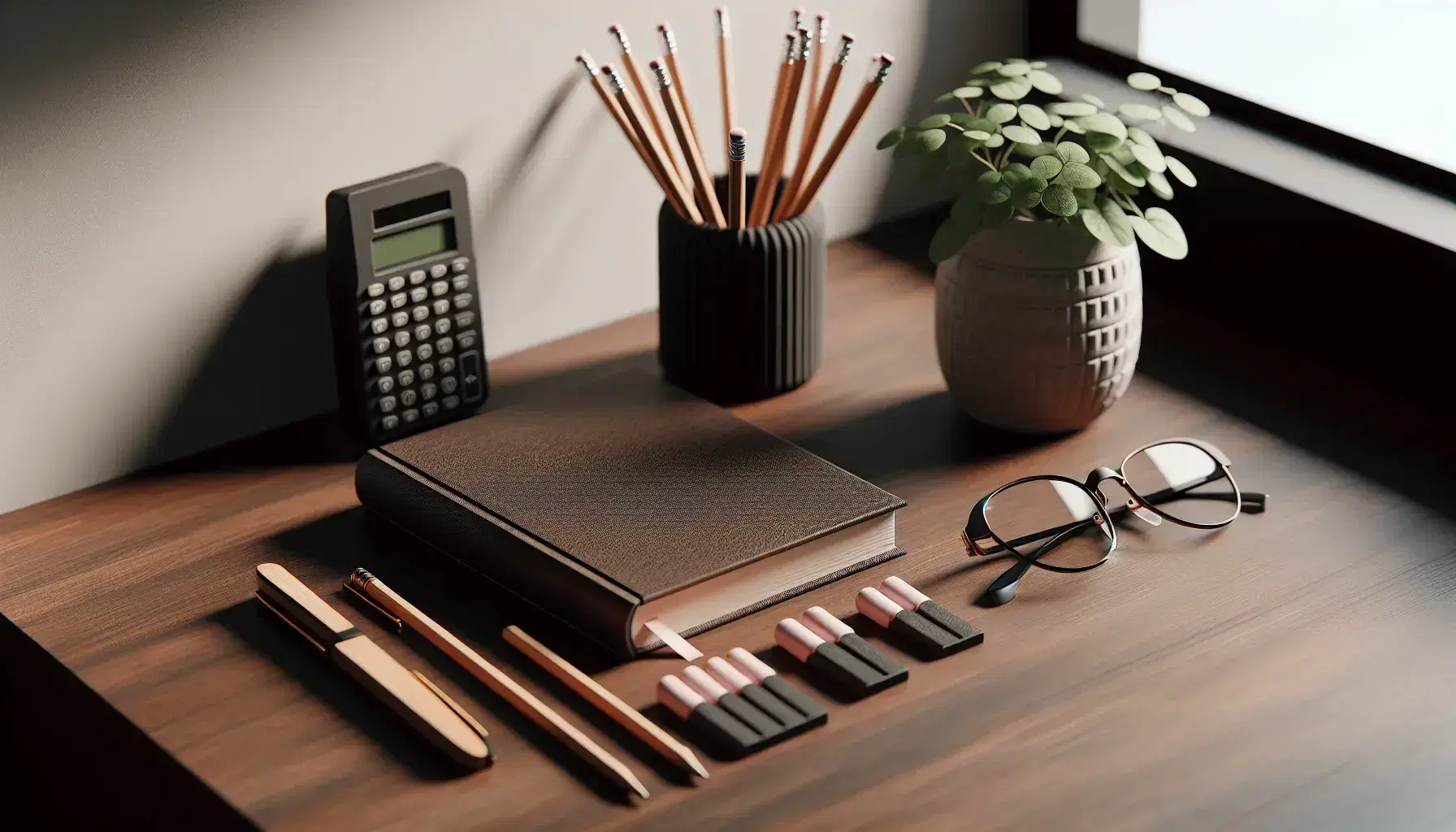 Escritorio de madera oscura con libro, calculadora científica, lápices y gafas metálicas junto a planta en maceta blanca, ambiente de estudio organizado.