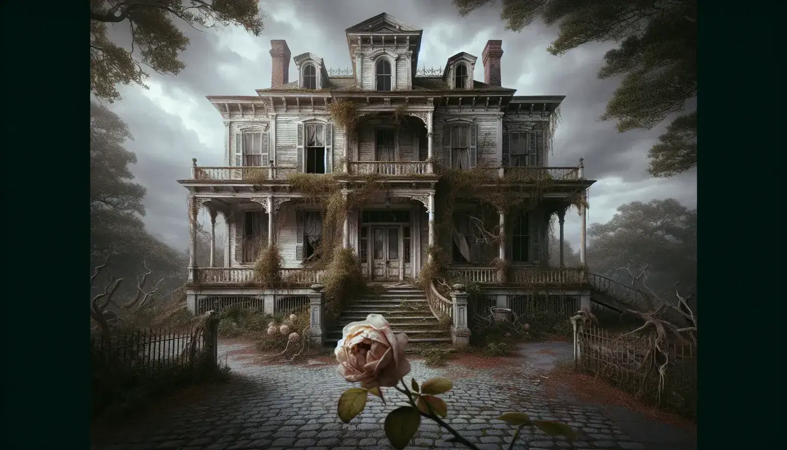 Decaying Victorian mansion with peeling white paint, overgrown ivy, and a solitary faded rose on a withered bush under a stormy sky.
