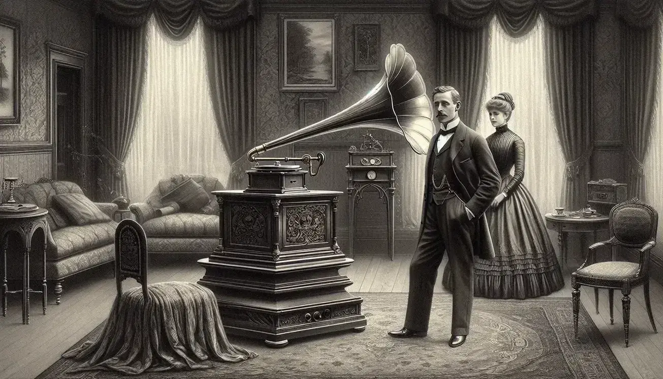 Victorian drawing room with an early 20th-century man and woman by a phonograph, rich decor, and elegant fashion, evoking upper-class sophistication.