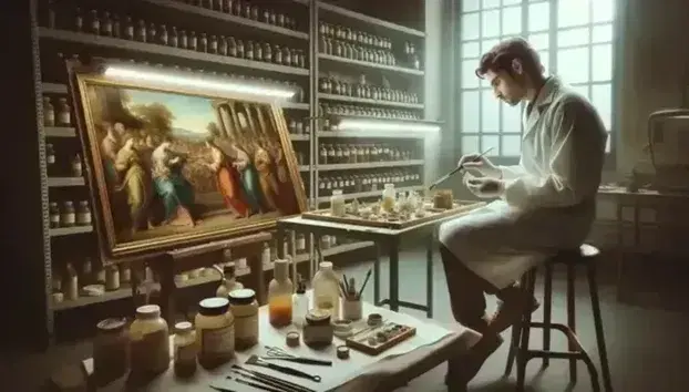 Restauratore in camice bianco lavora con attenzione su dipinto classico usando pennello fine in laboratorio attrezzato, con luce soffusa.