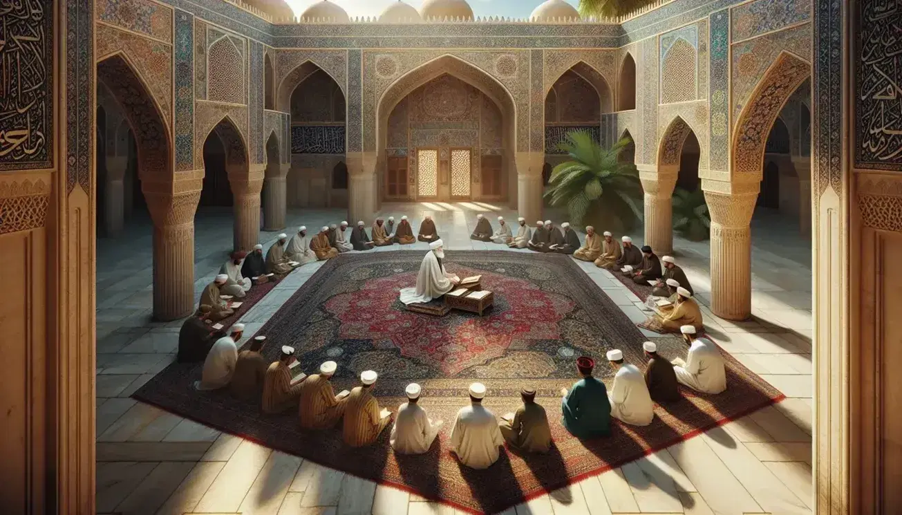 Traditional Islamic halaqa in a mosque courtyard with a scholar teaching students amidst ornate arches, mosaic tiles, and palm trees.
