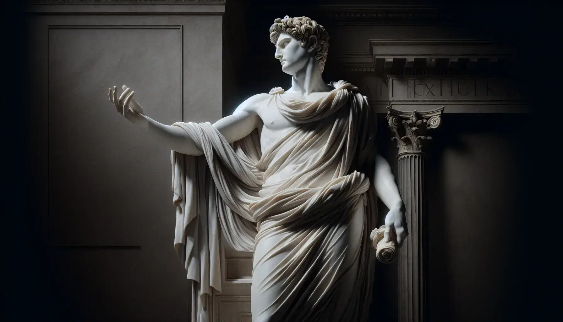 Statua in marmo bianco di figura romana con toga e scettro, davanti a colonne corinzie, esprime autorità e classicismo.