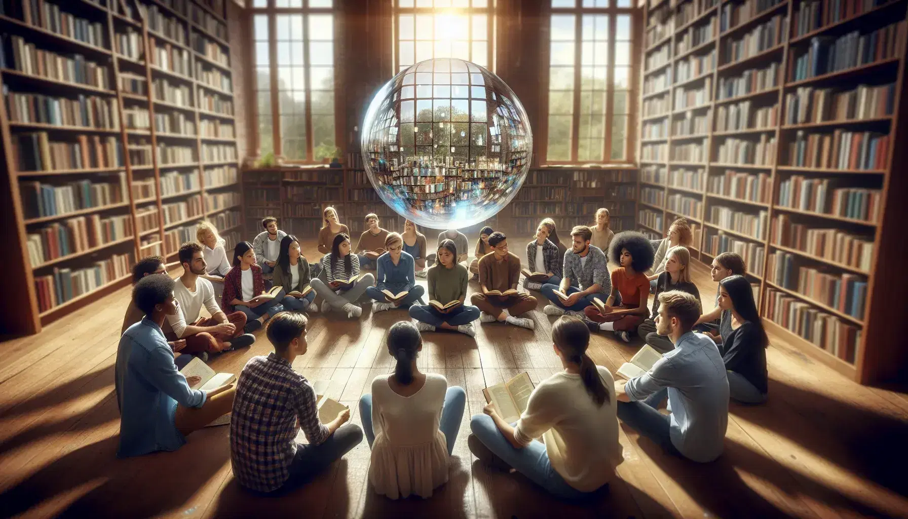 Grupo diverso de estudiantes sentados en círculo en una biblioteca, enfocados en una esfera de vidrio que refleja la luz, rodeados de estantes con libros y luz natural.