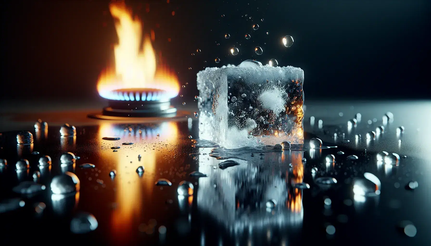 Blocco di ghiaccio che si scioglie su superficie lucida con gocce d'acqua e sfondo sfocato di fiamma arancione e gialla.