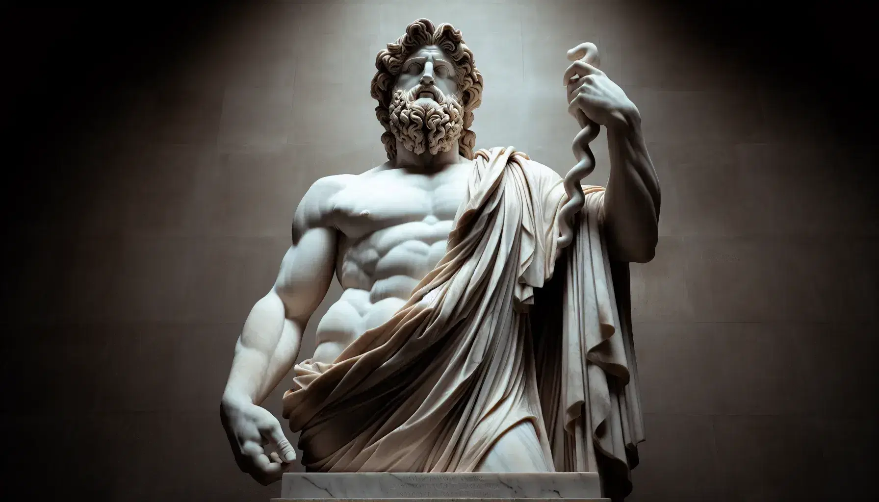 Statua in marmo bianco di Giove con toga, barba riccia e capelli lunghi, che tiene un fulmine stilizzato e uno scettro.