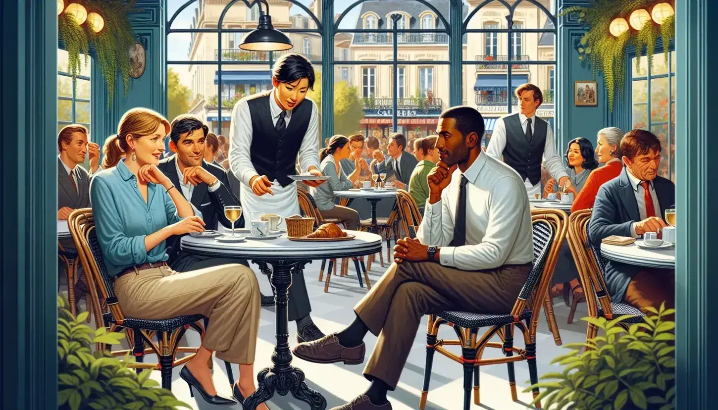 Diverse patrons engage at a lively French café, with a woman in blue chatting to a man in white, and a waiter serving a couple nearby.
