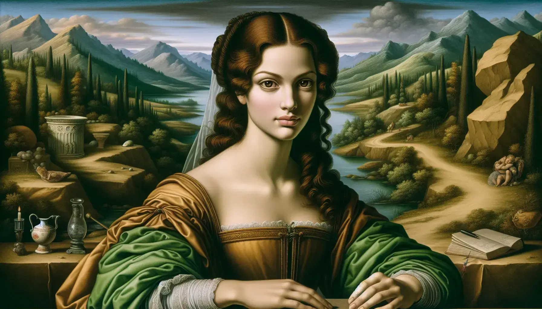 Ritratto di donna rinascimentale con capelli castani, abito verde e marrone, velo trasparente, sfondo paesaggistico immaginario.