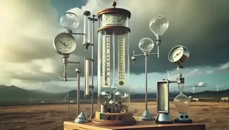Estación meteorológica en campo abierto con termómetro de mercurio, pluviómetro, anemómetro, barómetro aneroide y higrómetro bajo cielo parcialmente nublado.