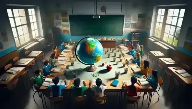 Aula scolastica italiana con studenti intorno a un tavolo con libri, mela rossa e globo, sedie in legno scuro e lavagna verde vuota.
