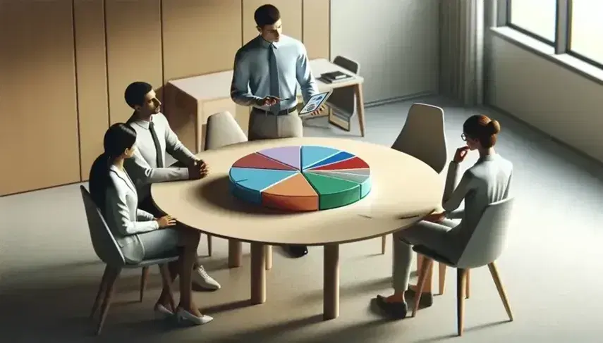 Reunión de trabajo con tres profesionales analizando un gráfico de sectores en 3D sobre una mesa redonda, en una oficina iluminada naturalmente.
