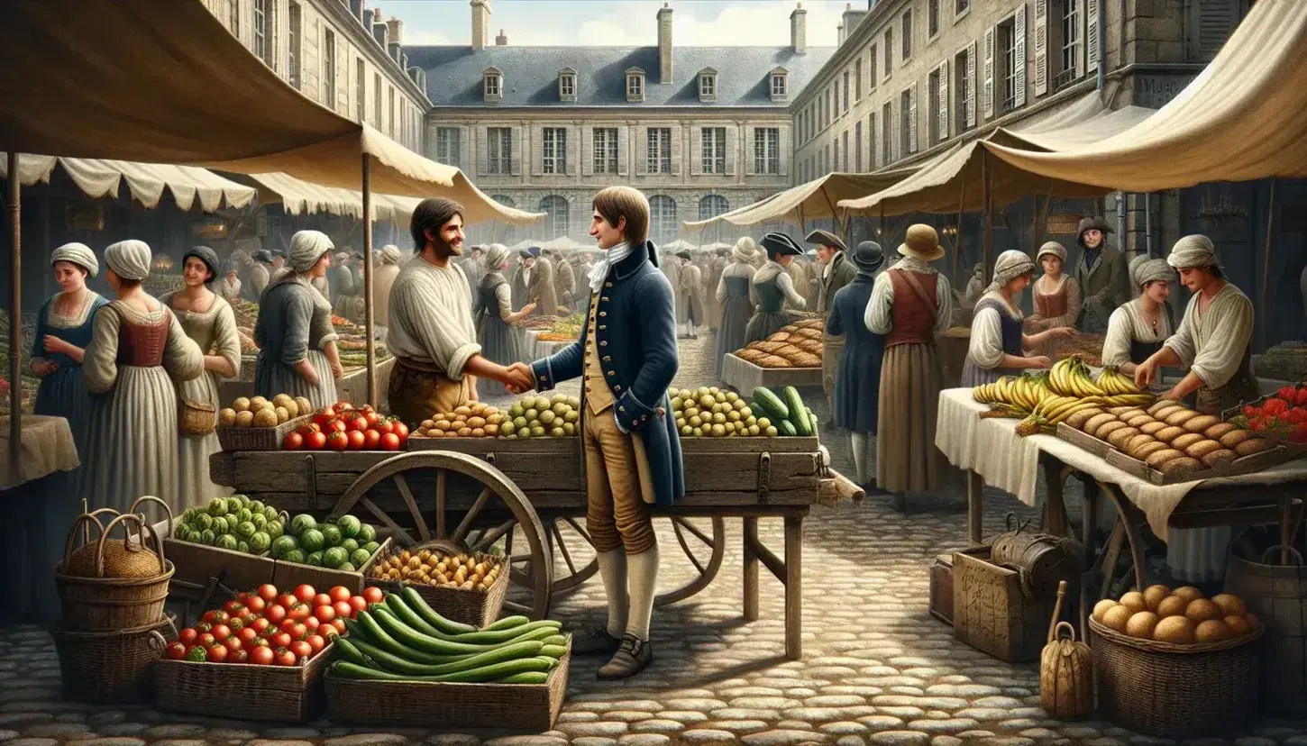 18th-century French marketplace scene with a farmer and merchant shaking hands, fresh produce cart, bustling stalls with bread, meat, and textiles.