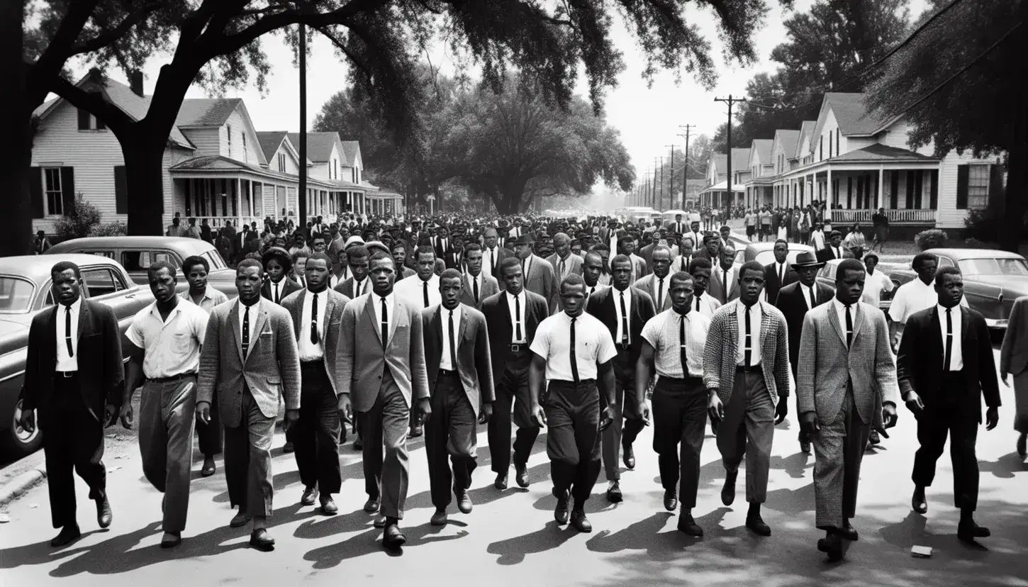 Civil rights march in the 1960s, African Americans in period clothing with visible weapons, walk resolutely under leafy trees.