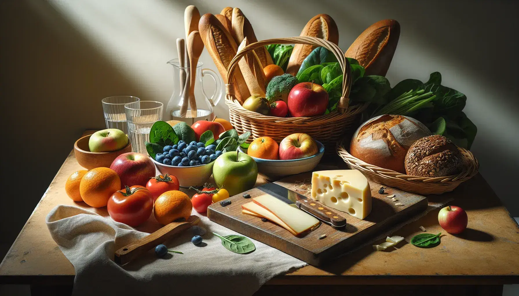 Mesa de madera con cesta de panes variados, bol de frutas coloridas, plato de hojas verdes, tabla con queso y cuchillo, jarra de agua y vaso al fondo.