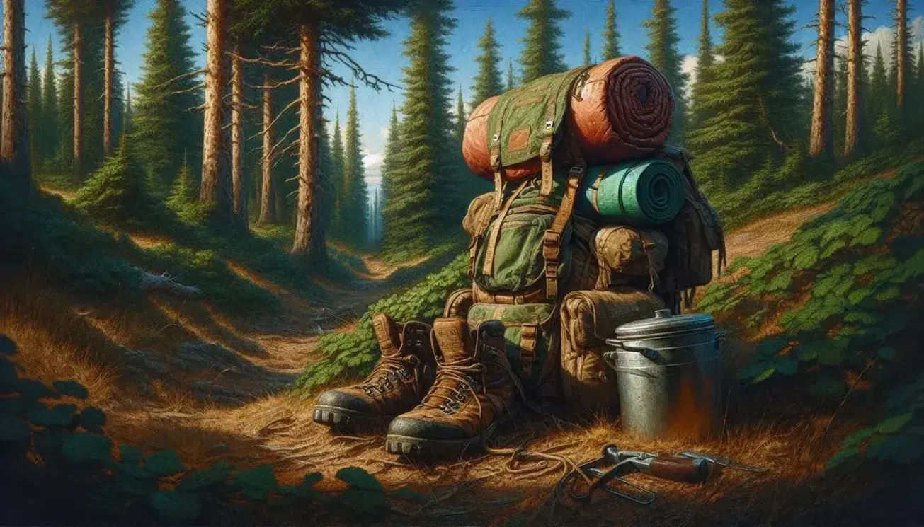 Weathered backpack with frayed straps and camping gear against a backdrop of dense forest and a clear blue sky, near a dirt trail.