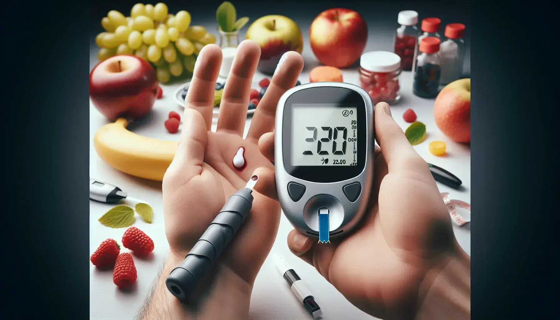 Glucometer with glucose reading on screen, lancing device, and fresh fruits on a plate, with a medical professional consulting a book in the background.