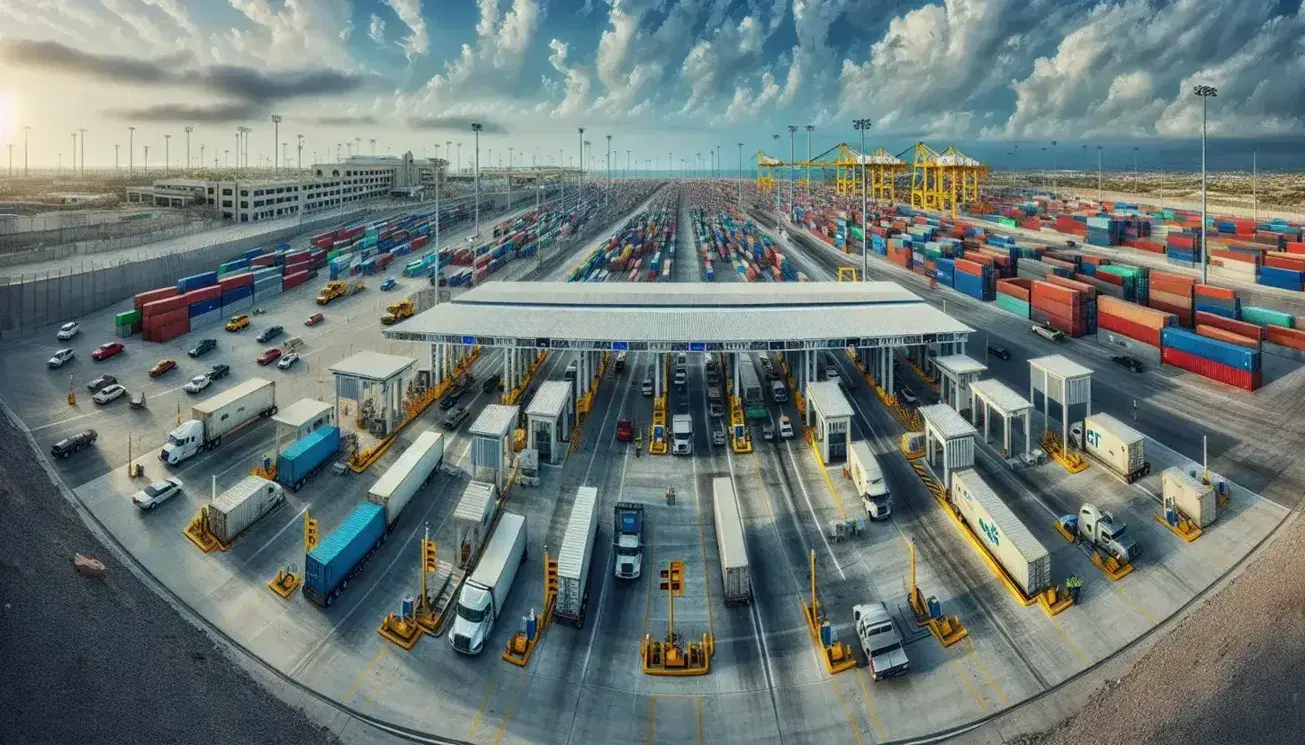 Vista panorámica de complejo aduanero en frontera de México con carriles de inspección, grúas amarillas y contenedores de colores apilados en un día claro.