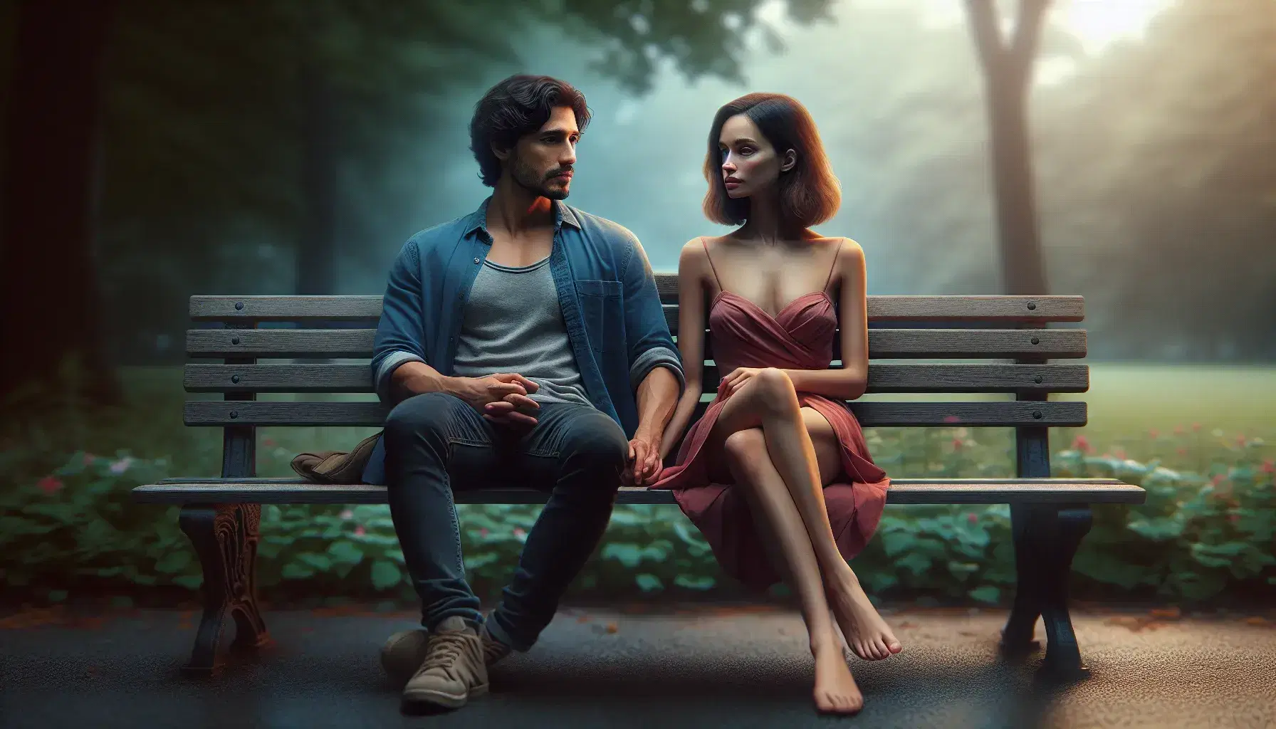 Mixed couple sitting on park bench, Hispanic man in blue shirt and Caucasian woman in red dress, hands close together in serene atmosphere.