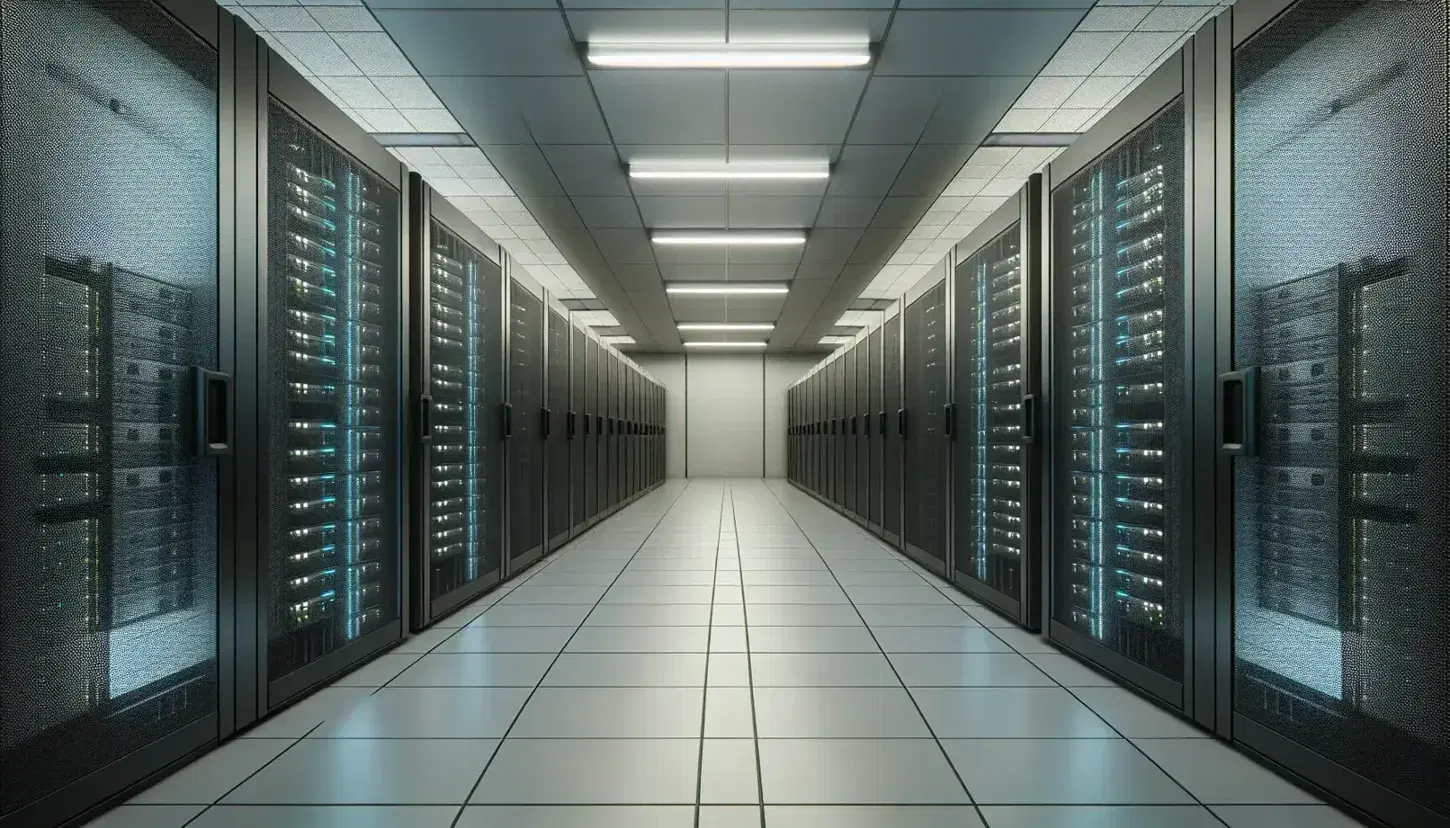 Sala de servidores en centro de datos con filas de gabinetes negros y luces LED azules y verdes, suelo gris y pared clara al fondo, iluminación fluorescente blanca.