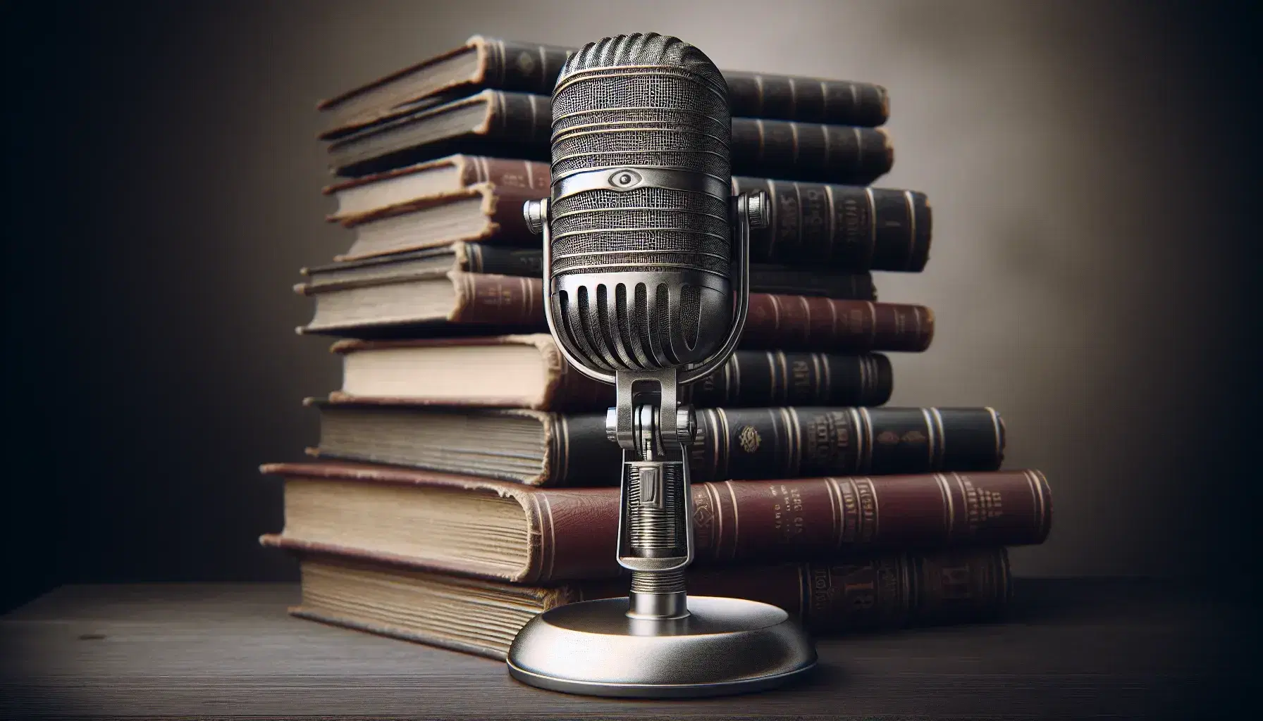 Vintage silver microphone on stand with out-of-focus leather-bound books in background and a framed profile photo of a man with an afro.