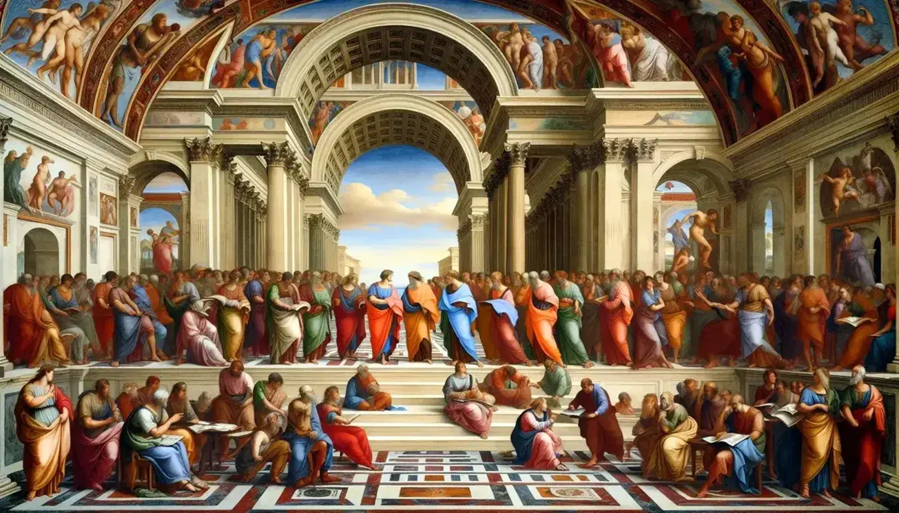 Riproduzione affresco Scuola di Atene di Raffaello con figure in dialogo su sfondo di architettura classica.