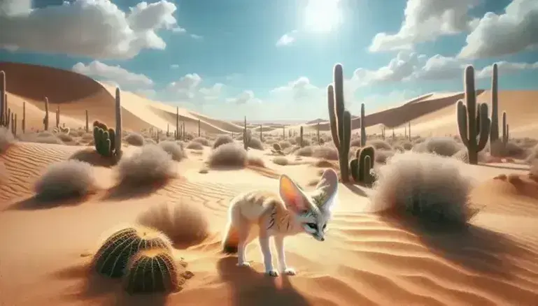 Big-eared fennec fox standing on desert terrain, surrounded by drought-tolerant cacti and shrubs, with sand dunes in the background under a blue sky.