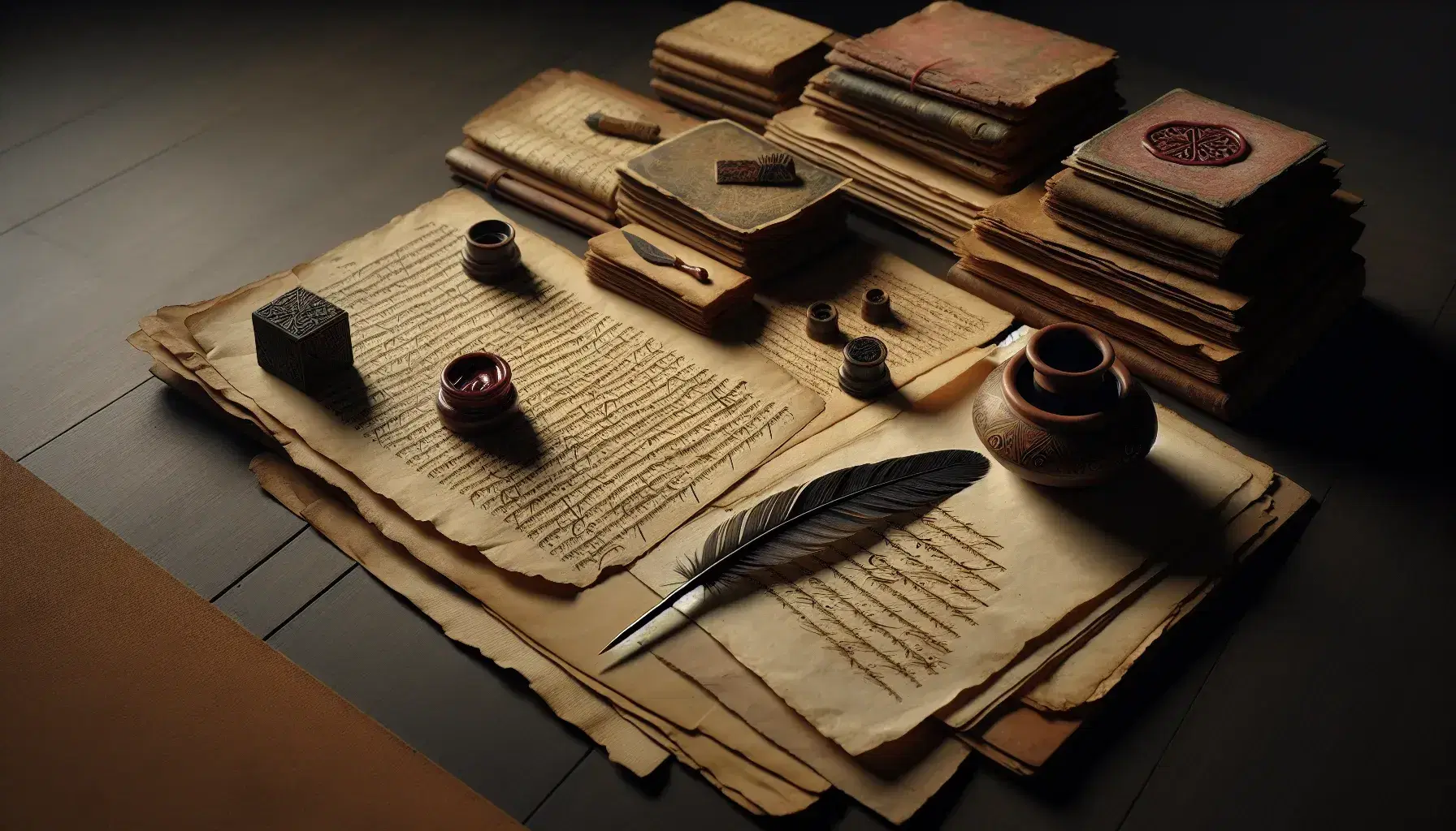 Manuscritos antiguos sobre mesa de madera oscura con pluma de ave y tintero de cerámica, junto a sello de cera rojo, en una composición equilibrada y con iluminación suave.