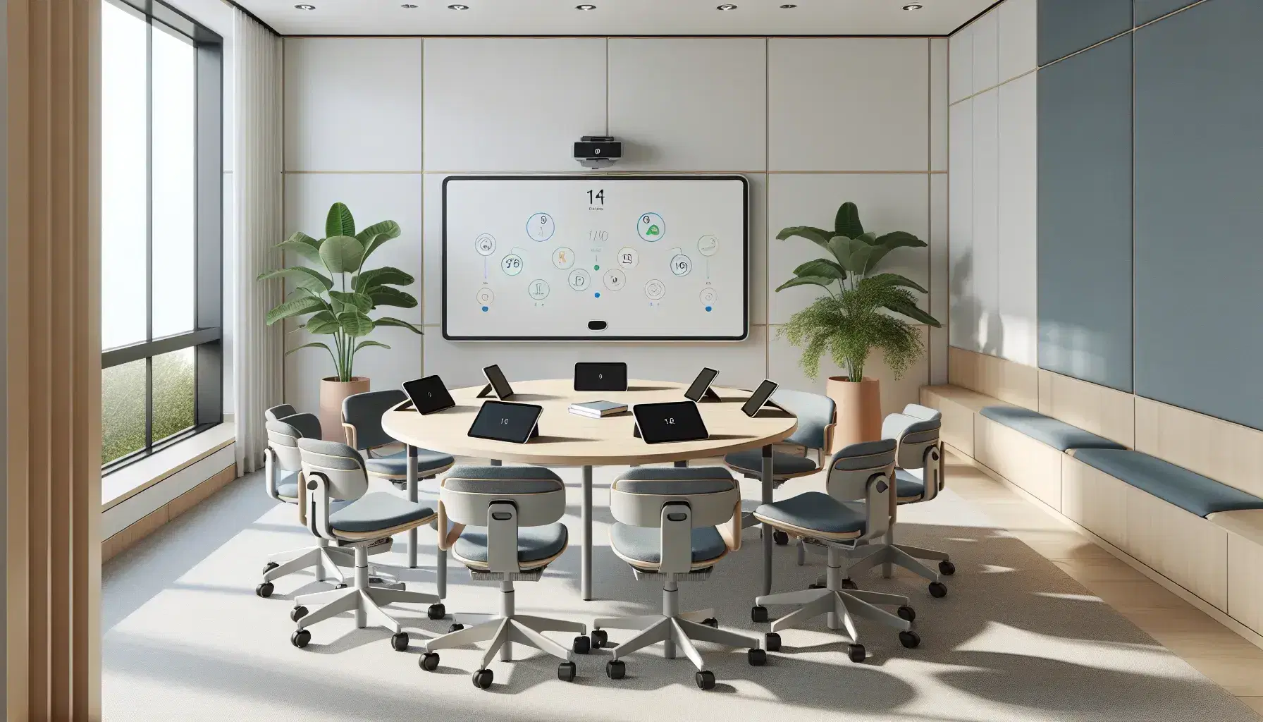 Aula moderna y luminosa con mesa redonda de madera, sillas ergonómicas azules, tabletas digitales y pizarra interactiva blanca.