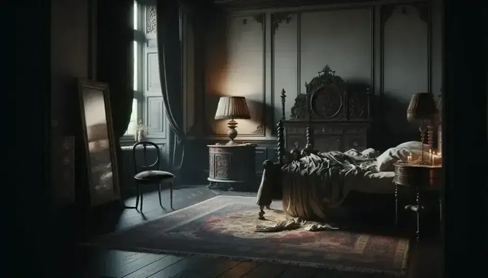 Camera antica con letto ornato, tavolino con lampada in bronzo, tappeto persiano, poltrona con guanti neri e specchio dorato.