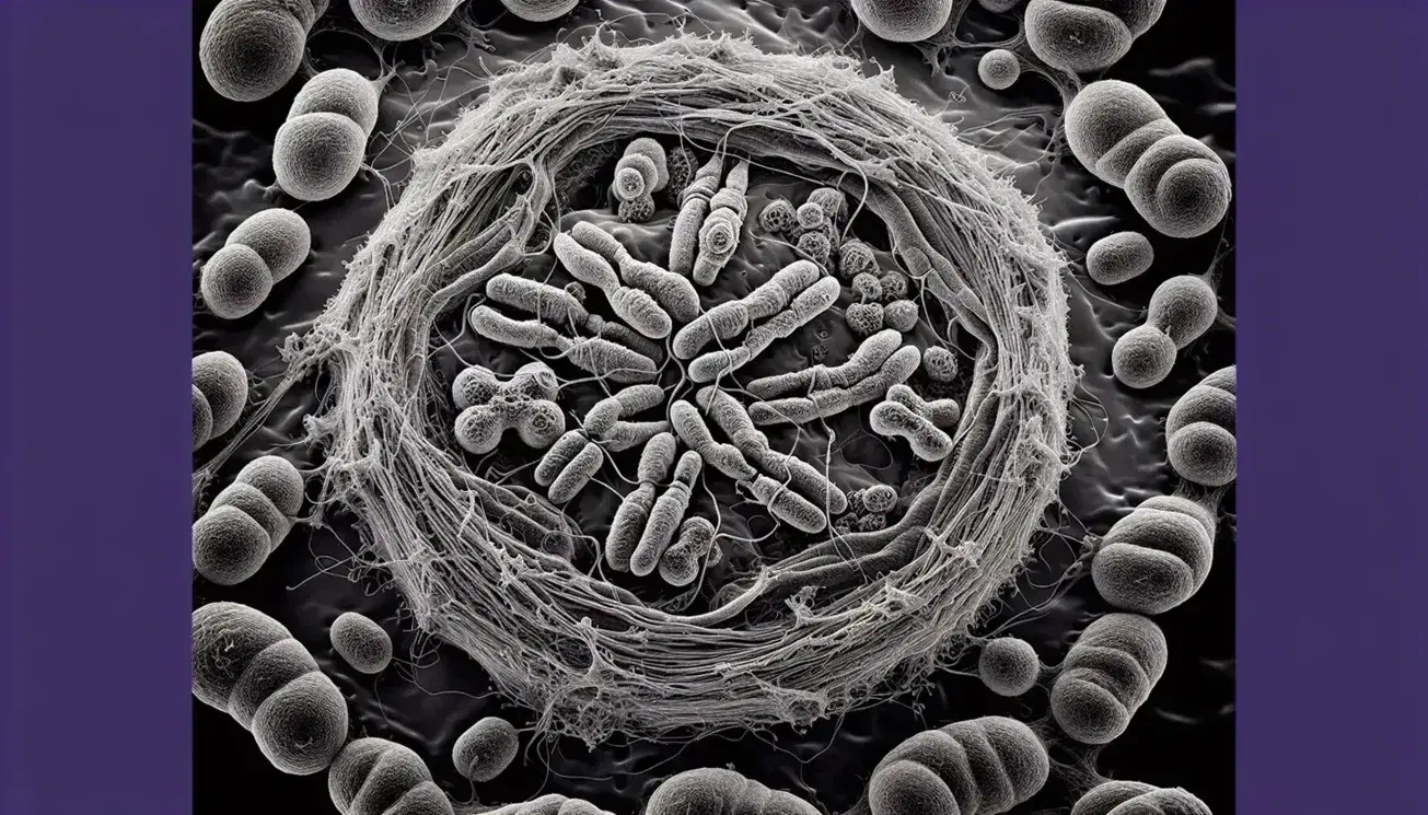 Micrografía electrónica de alta resolución de célula eucariota en mitosis con núcleo y cromosomas condensados, rodeada de mitocondrias y retículo endoplásmico.