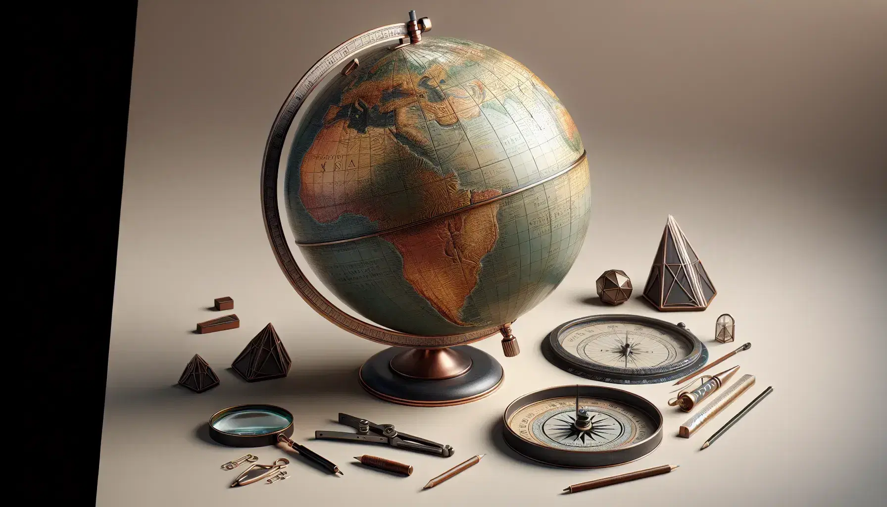 Mappamondo dettagliato con rilievi fisici, circondato da strumenti di cartografia come bussola, lente d'ingrandimento e righello, su sfondo neutro.