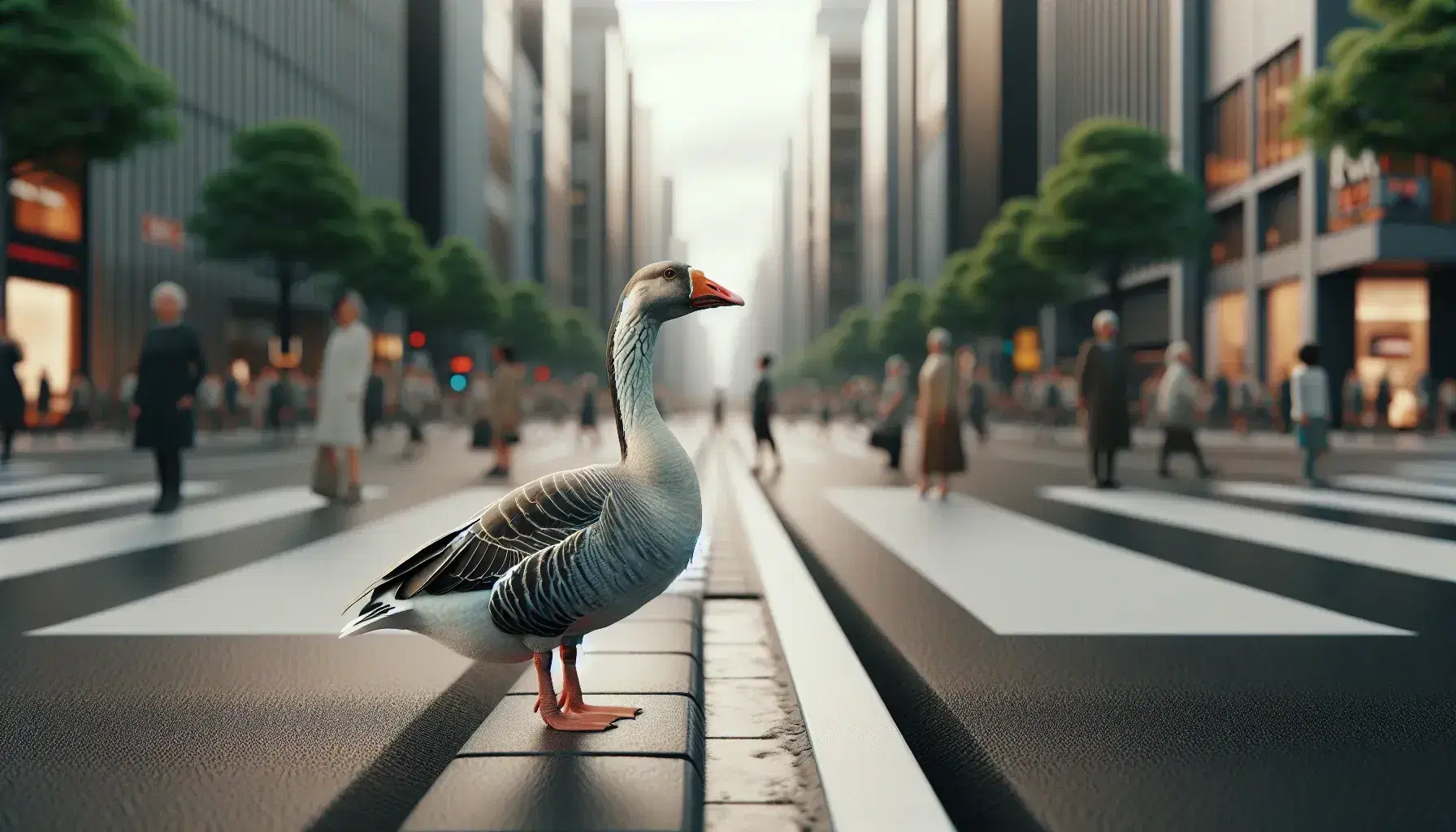 Mature goose with white and grey feathers, black neck, and orange beak stands on a city street edge, with blurred pedestrians and cars in the background.