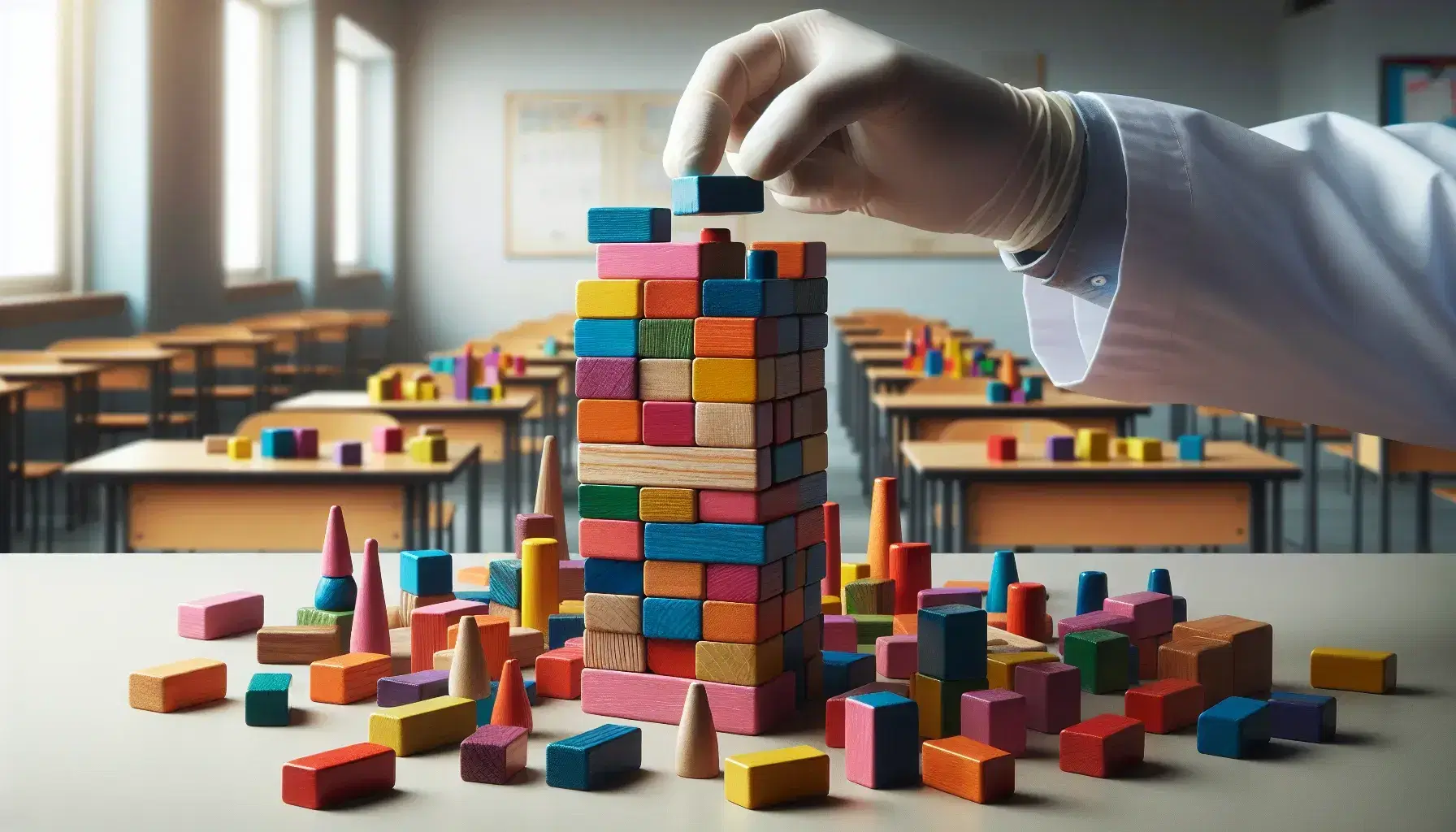 Torre di blocchi colorati in legno con mano in guanto bianco che aggiunge pezzo blu, su sfondo sfocato di aula.