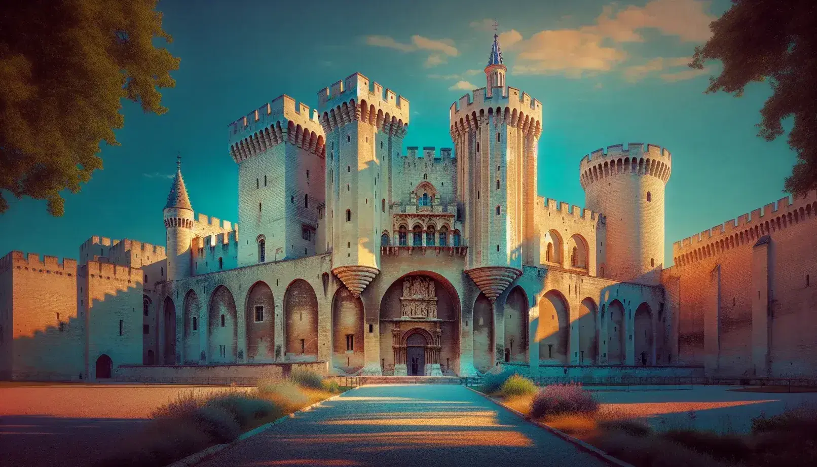 Palazzo Papale di Avignon in pietra calcarea con torri cilindriche e merlature a coda di rondine sotto un cielo azzurro.