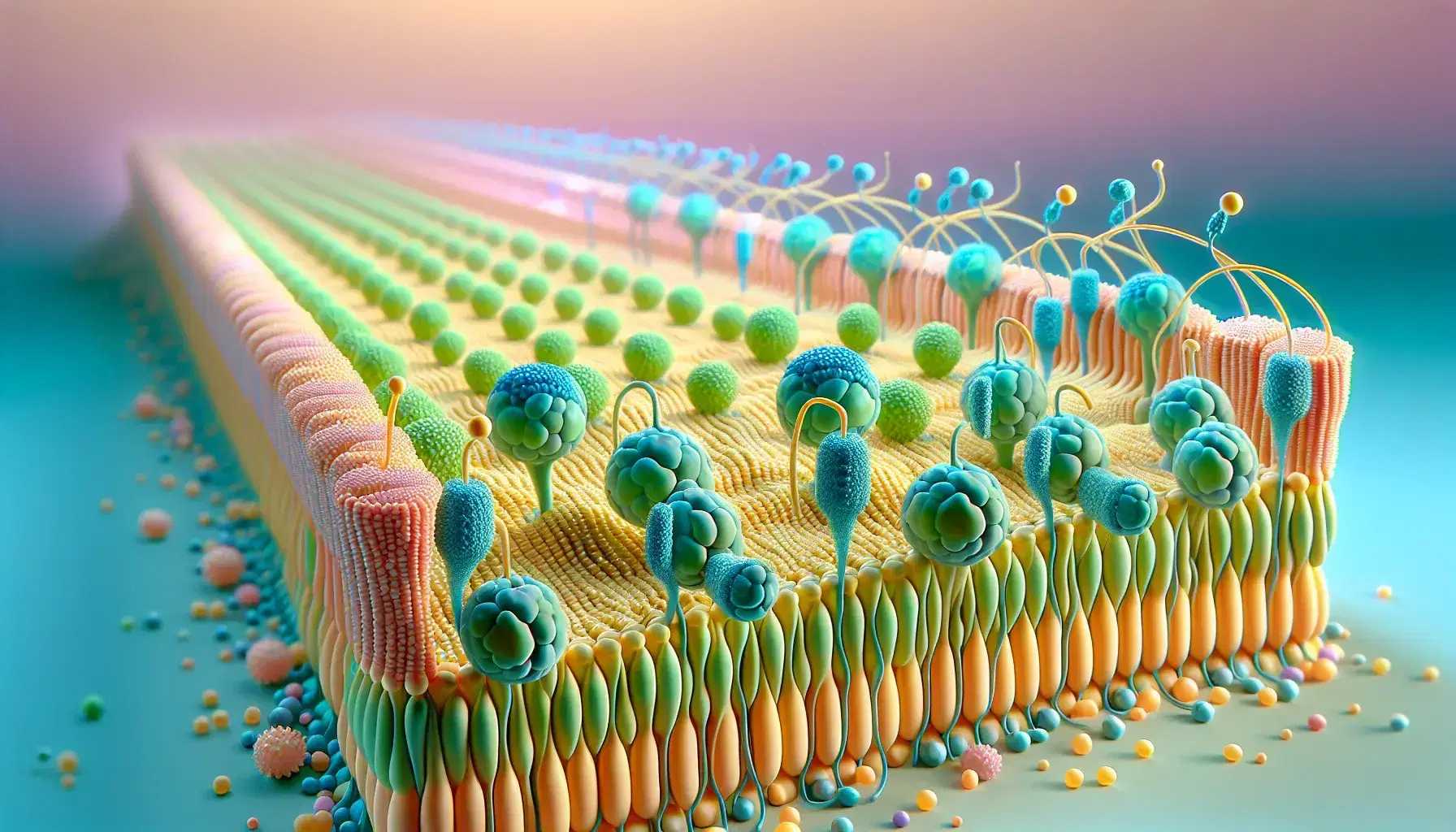 Cell membrane model with phospholipids, hydrophilic heads in blue and green, and hydrophobic tails in yellow-orange, on a pink-purple gradient background.