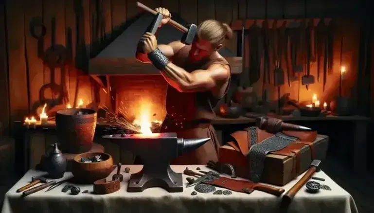 Viking blacksmith forging metal on an anvil with sparks flying, while a weaver works at a loom in a dimly lit wooden workshop with handcrafted items.