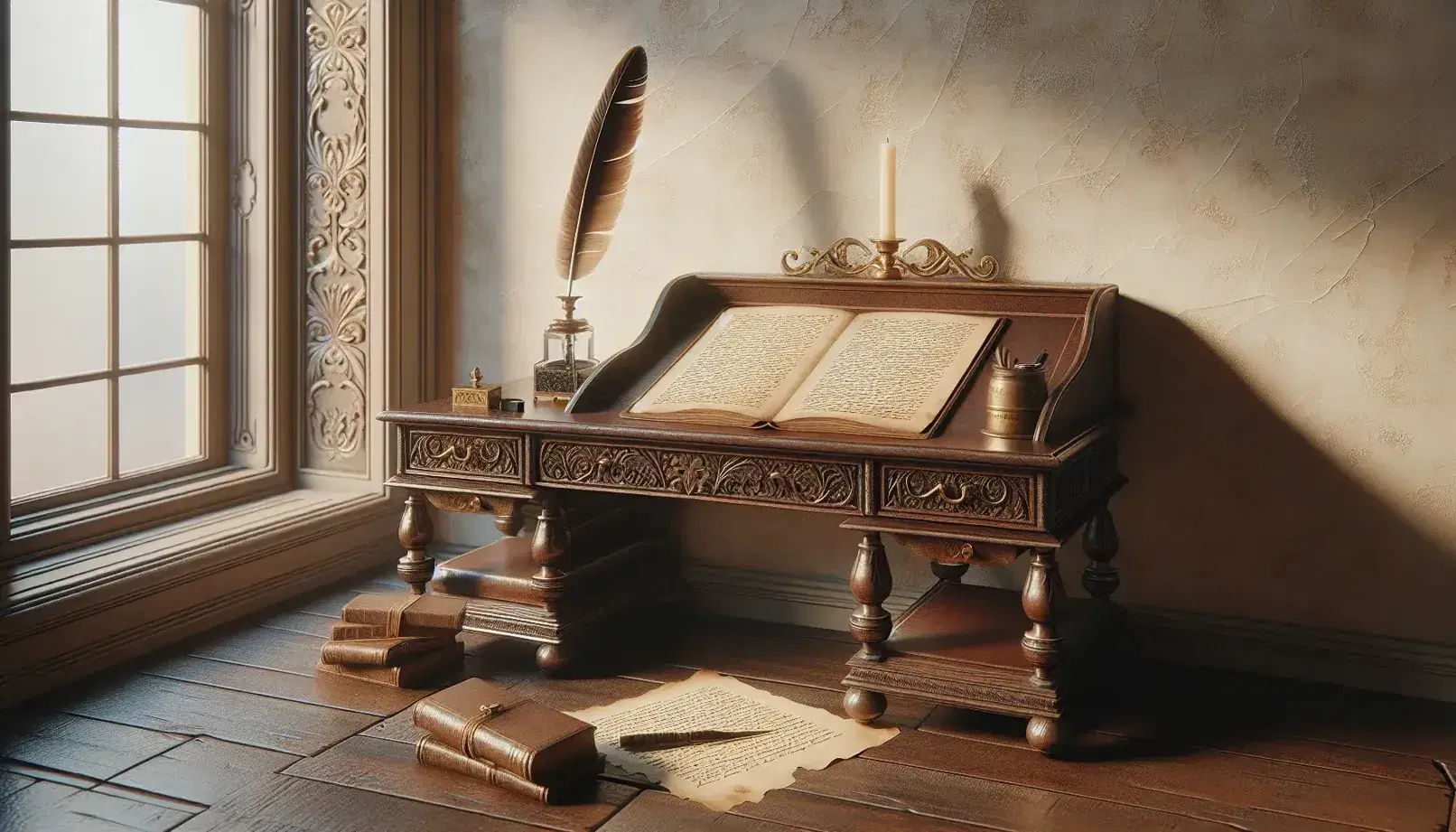 Vintage writing desk with ornate carvings, feather quill in inkwell, stack of parchment, open book, and candlestick in a softly lit room.