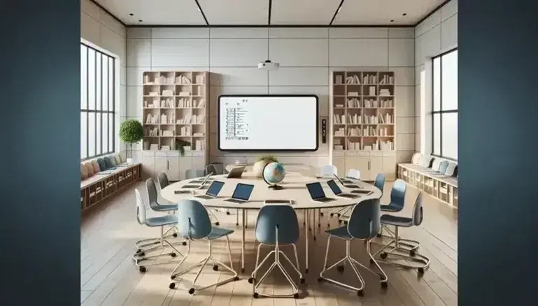 Aula moderna e luminosa con tavolo ovale, sedie ergonomiche blu, lavagna interattiva, libreria, globo e studenti in discussione.