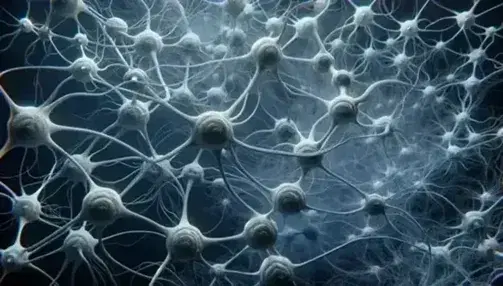 Red neuronal compleja con células y conexiones en tonos de gris y azul sobre fondo degradado de azul oscuro a claro.