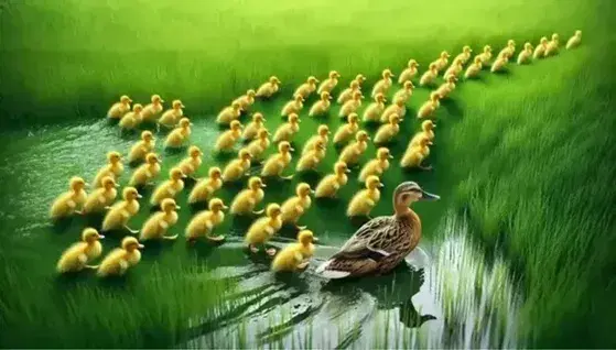 Anatra madre marrone e bianca guida anatroccoli gialli in formazione a V su erba verde con riflesso d'acqua sullo sfondo.